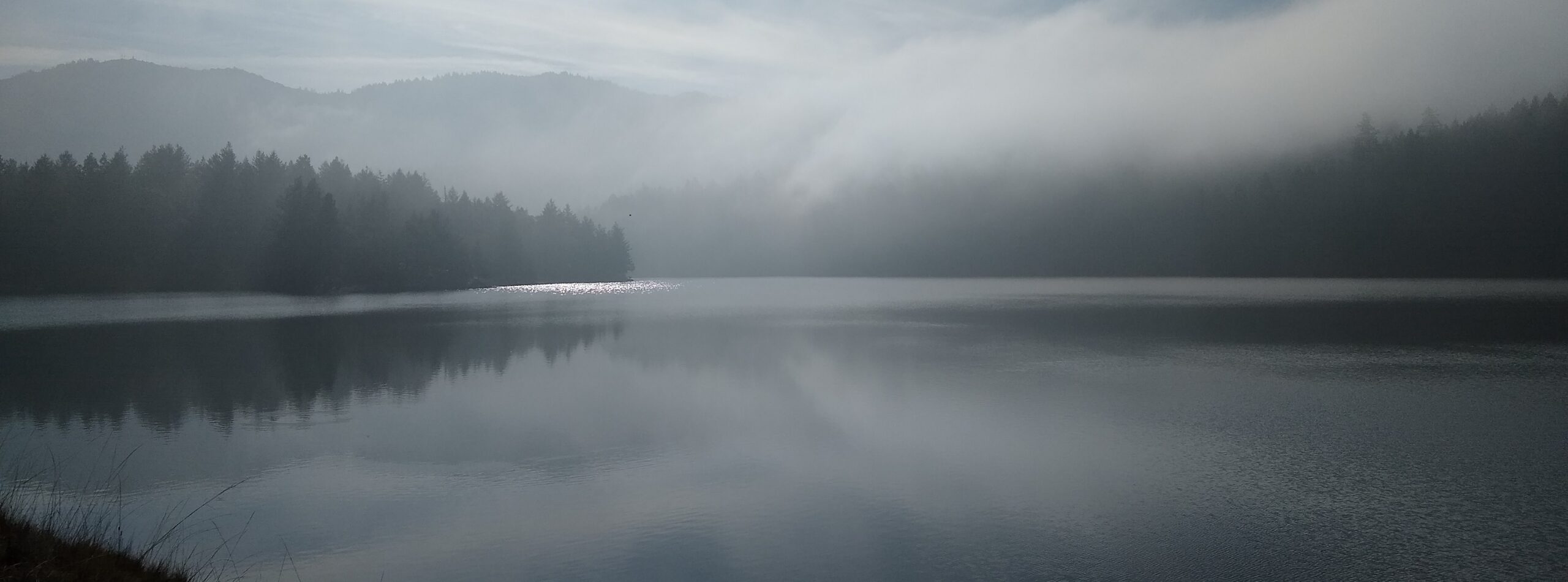 A lake on a misty day, with sparkles on the water near the far shore, which is forested and recedes into misty mountains