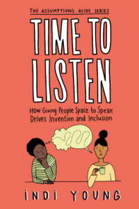 Cover of the book "Time to Listen" with two people in cartoon sketch with a speech/thought bubble between them, with a dotted line to represent the thread of conversation (not all listening is audio format)