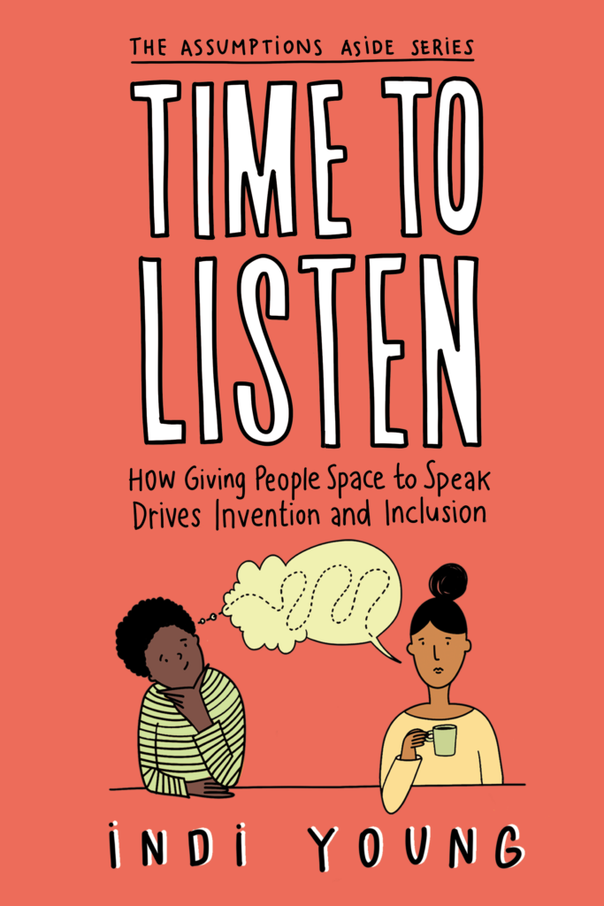 Cover of the book "Time to Listen" with two people in cartoon sketch with a speech/thought bubble between them, with a dotted line to represent the thread of conversation (not all listening is audio format)