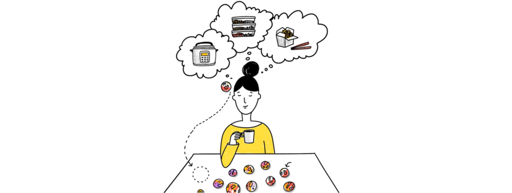 icon for the Listening Deeply course: decorative image of person thinking about ways to prepare dinner quickly