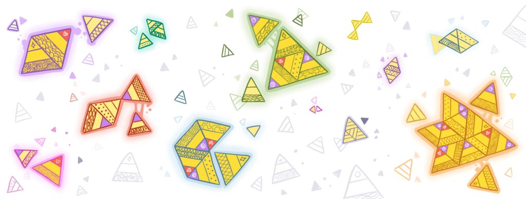 a field of yellow triangles (puzzle pieces from the prior course) coming together as patterns, with some in the foreground and some in the background