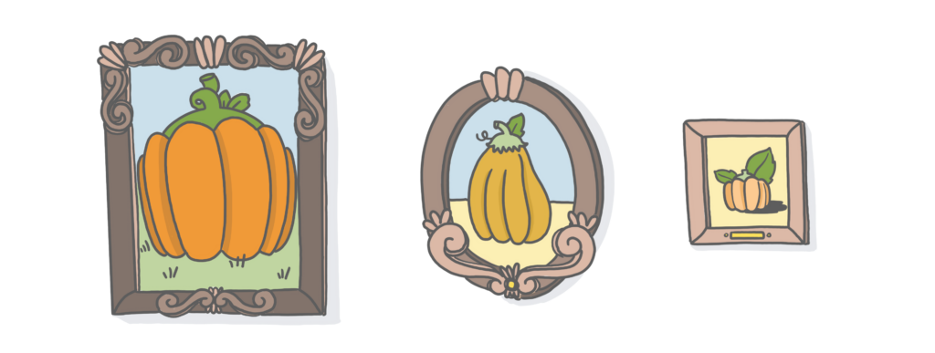 three framed pictures, implying that each study has a well-thought-out frame. The frame is the person's purpose. In these frames, three different size pumpkins show, which are a reference for the different sizes of people's purpose you can study. The analogy is used in the course itself.