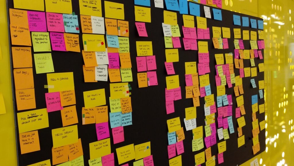 photo of stickies on a black board on a bright yellow wall, showing the towers in the mental model skyline; this affinity mapping was done after the main goal for the project, which was the thinking styles