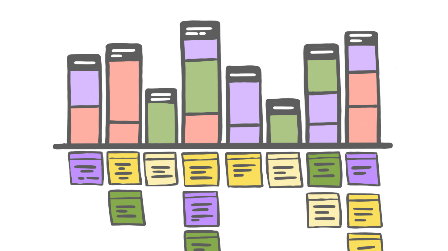 a mental model skyline with some stickies representing the org's capabilities aligned below the towers