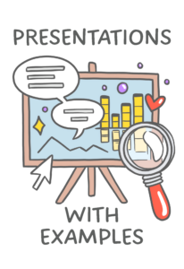 collage illustration of a chart and mental model skyline on a stand, with speech bubbles, a mouse pointer, and a magnifying glass. Text says Presentations with Examples