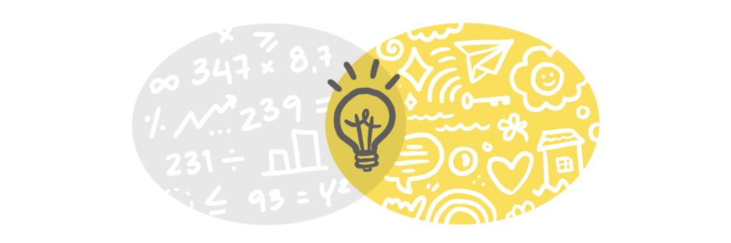 two ovals that overlap. The first oval contains doodles of numbers. The second oval (yellow) contains doodles of thoughts, emotions, and personal rules. The place where they overlap contains a light bulb to signify insights.