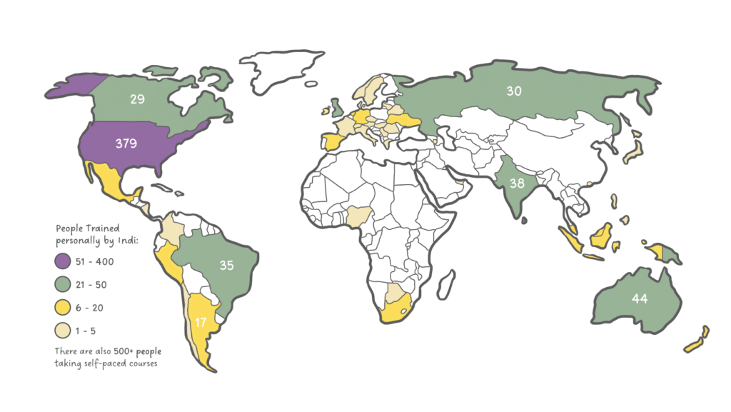 map of countries colored in by number of people there who have been trained by indi. The legend of colors has ranges of 1-5, 6-20, 21-50, 51-400. The USA has 379. Australia has 44. India has 38. Brazil has 35. Russia has 30. Canada has 29. Chile has 17. Lots of other countries are colored in for the lower two ranges, with no space to write the actual number, though.