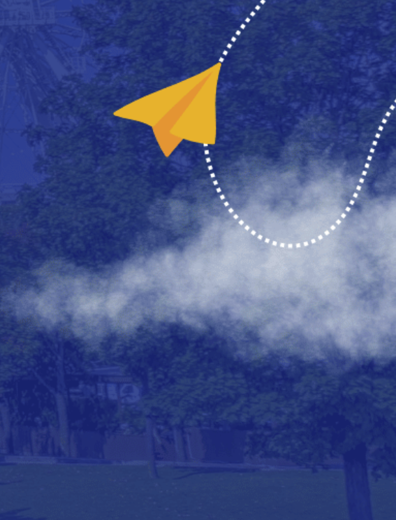 blue background with cloud and a part scene, with a yellow paper airplane looping through upper right corner with white dotted line showing its path