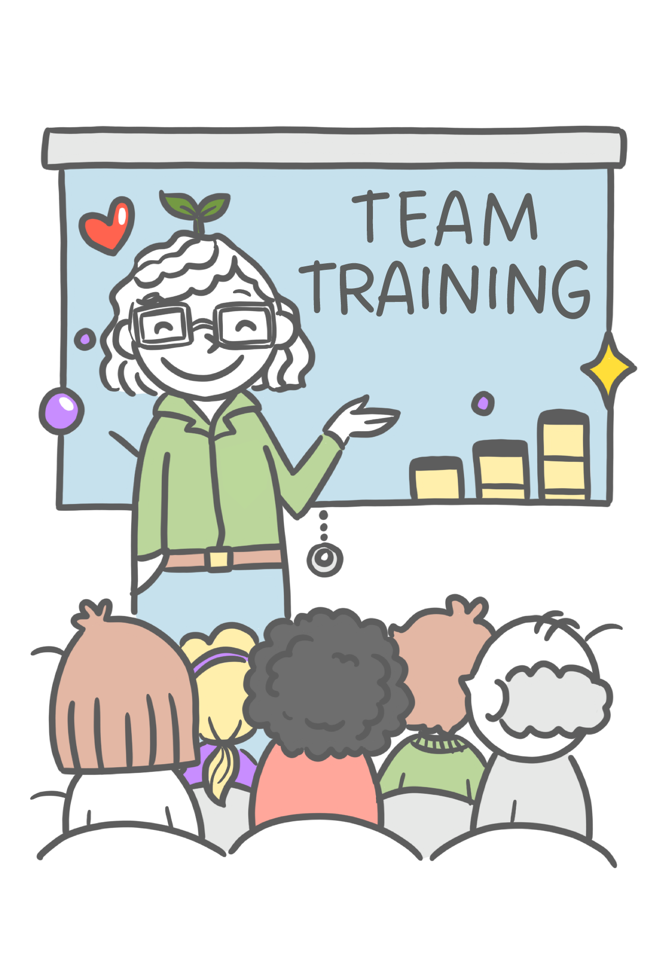 illustration of indi at front of room filled with team members, with a screen on the wall behind her