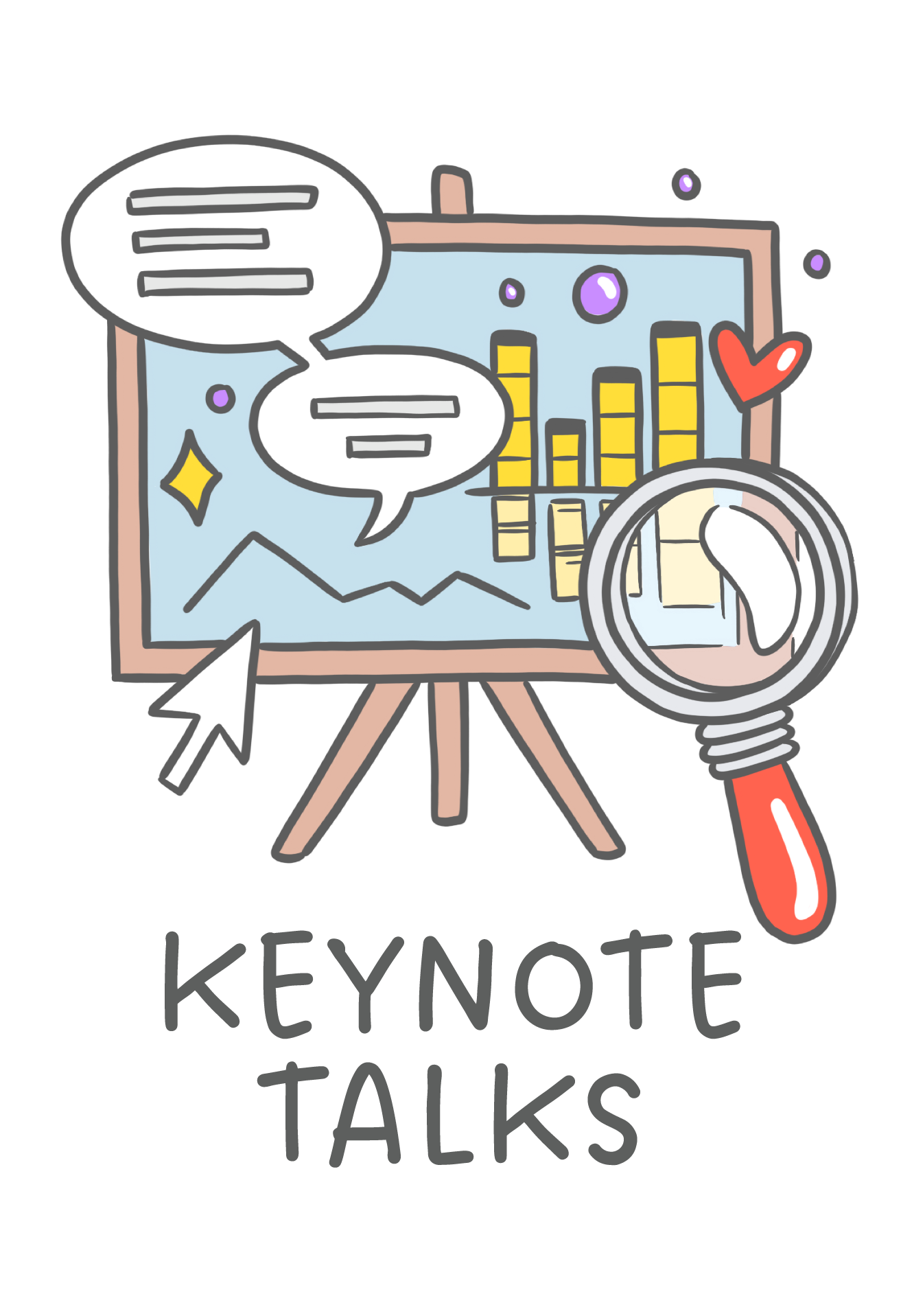 illustration with a stand showing a slide with a mental model skyline on it, with speech balloons, a pointer, and a magnifying glass, saying Keynote Talks