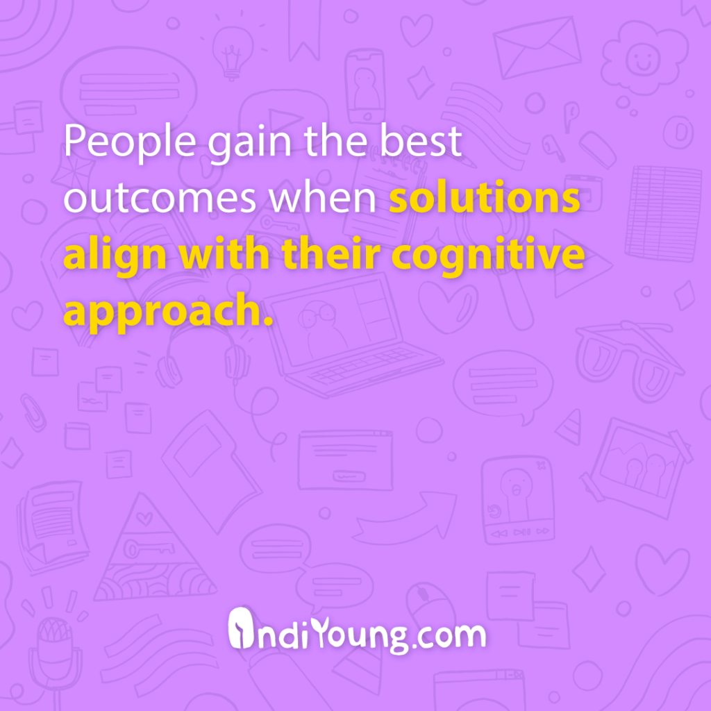 Purple background with yellow text stating: 'People gain the best outcomes when solutions align with their cognitive approach.'