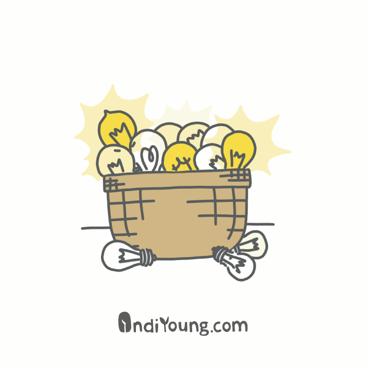 Illustration of a woven basket overflowing with glowing yellow lightbulb icons, with radiating yellow glow around the basket.