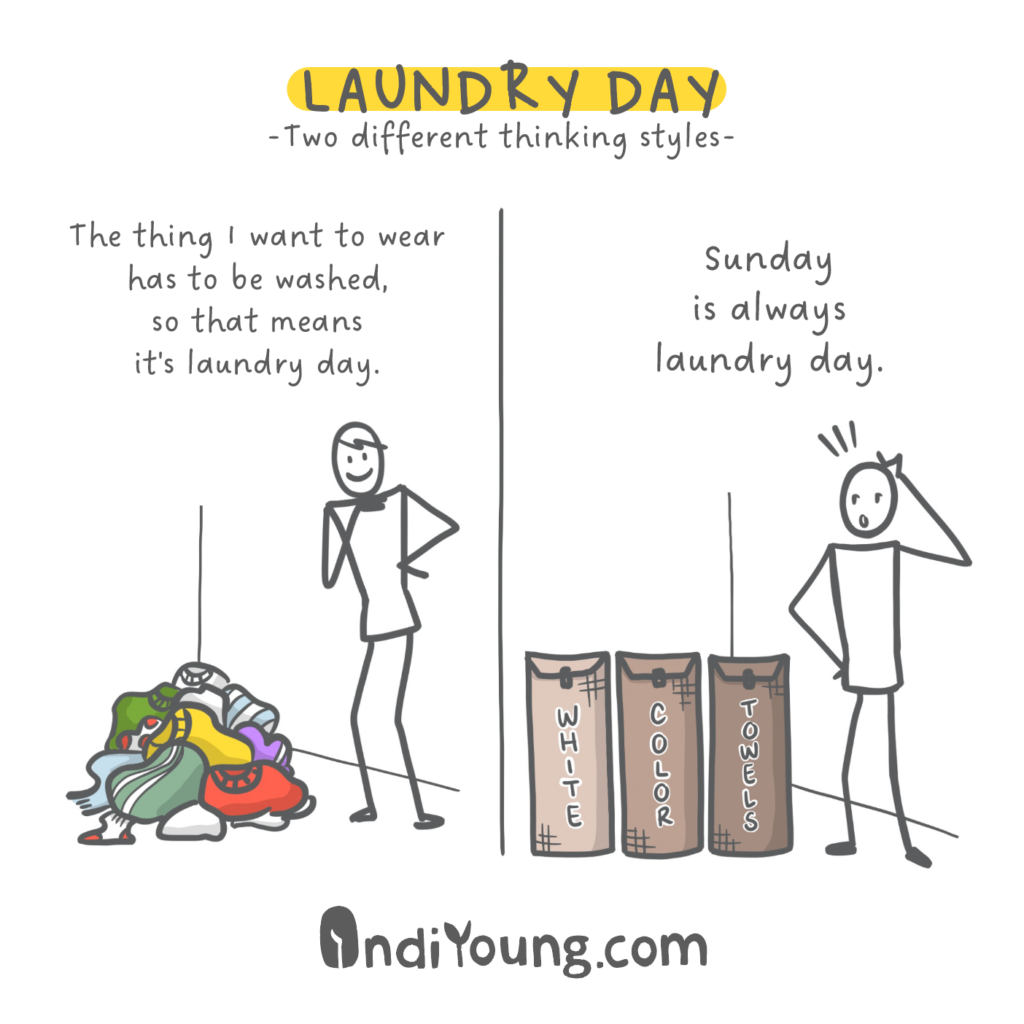 Comparison of two thinking styles on laundry day. Left: 'The thing I want to wear has to be washed, so that means it's laundry day'—person standing confidently beside a pile of colorful clothes. Right: 'Sunday is always laundry day'—stressed person with hand to head beside three labeled laundry bins (WHITE, COLOR, TOWELS).