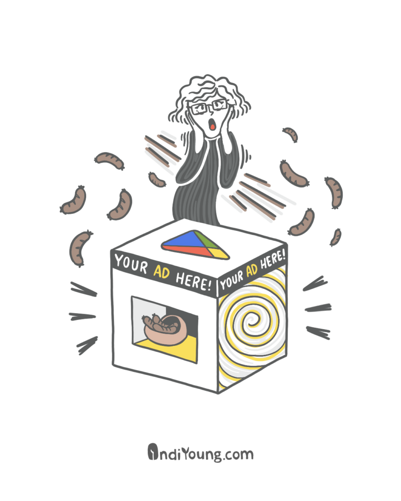 Illustration of a distressed person with wild hair wearing glasses, mouth open in frustration, surrounded by floating sausages with motion lines. A pie chart and spiral pattern visible on a box labeled 'YOUR AD HERE! YOUR AD HERE!' with sausage imagery.
