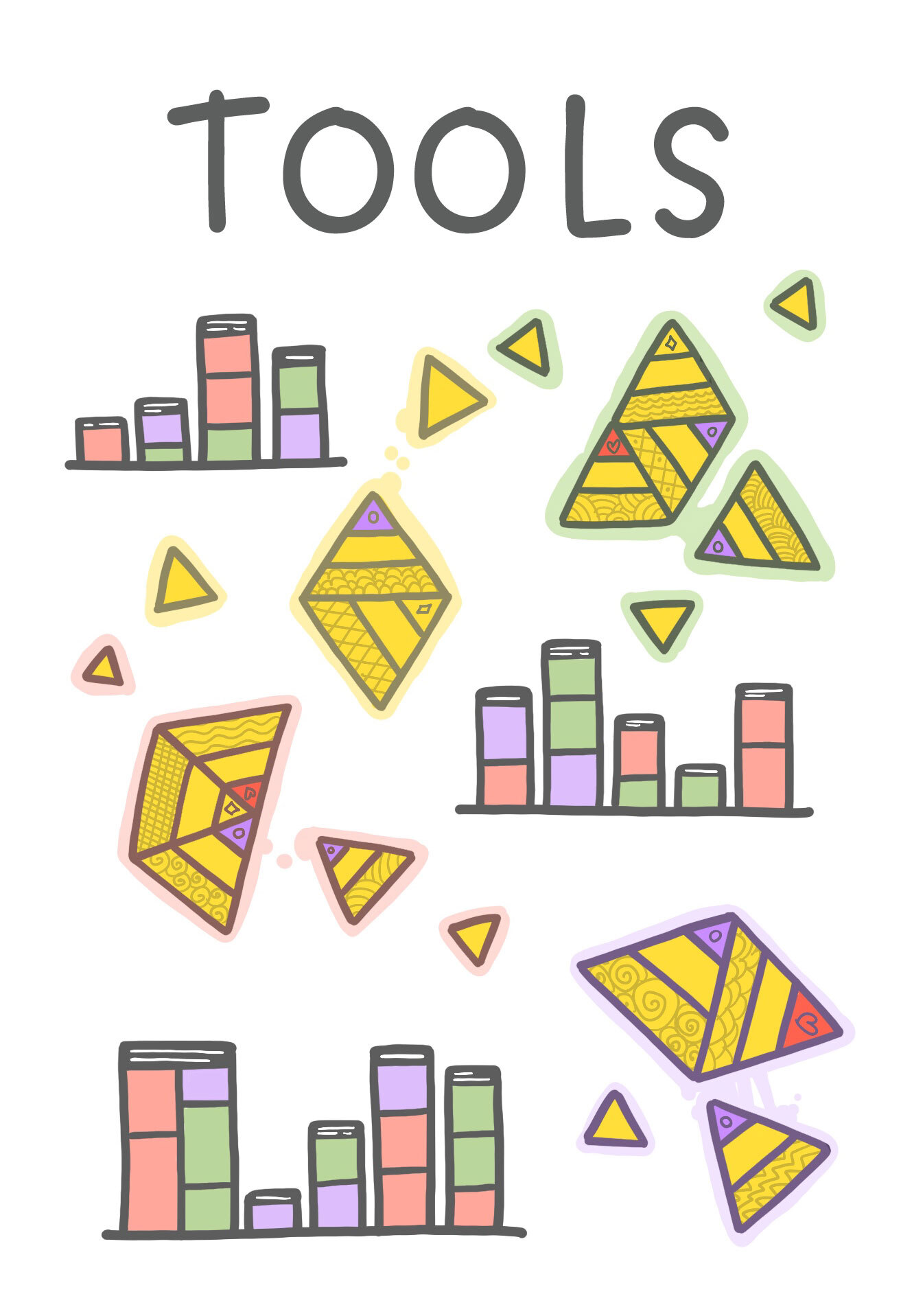 label saying Tools with several colorful mental model skylines, plus the triangle groupings scattered around