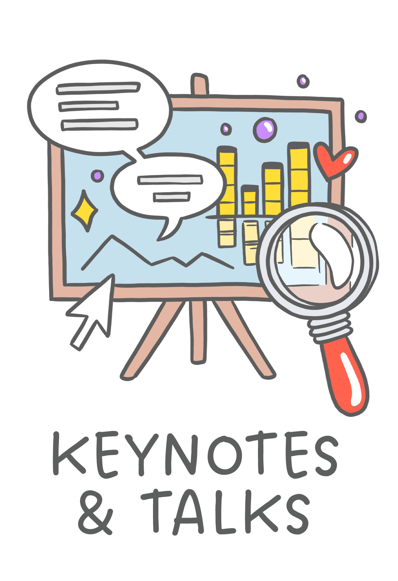 illustration with a stand showing a slide with a mental model skyline on it, with speech balloons, a pointer, and a magnifying glass, saying Keynote Talks
